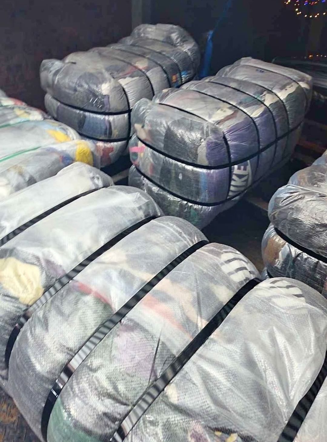 Strapped export bales of second-hand clothing