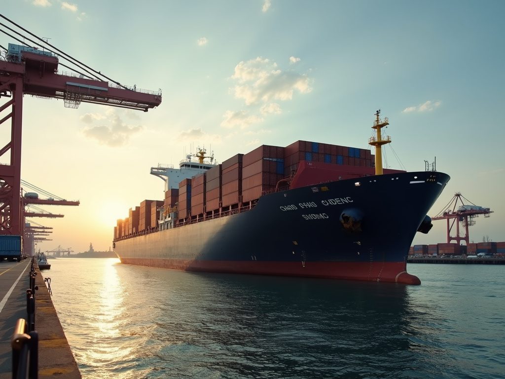 Container ship loaded with export cargo