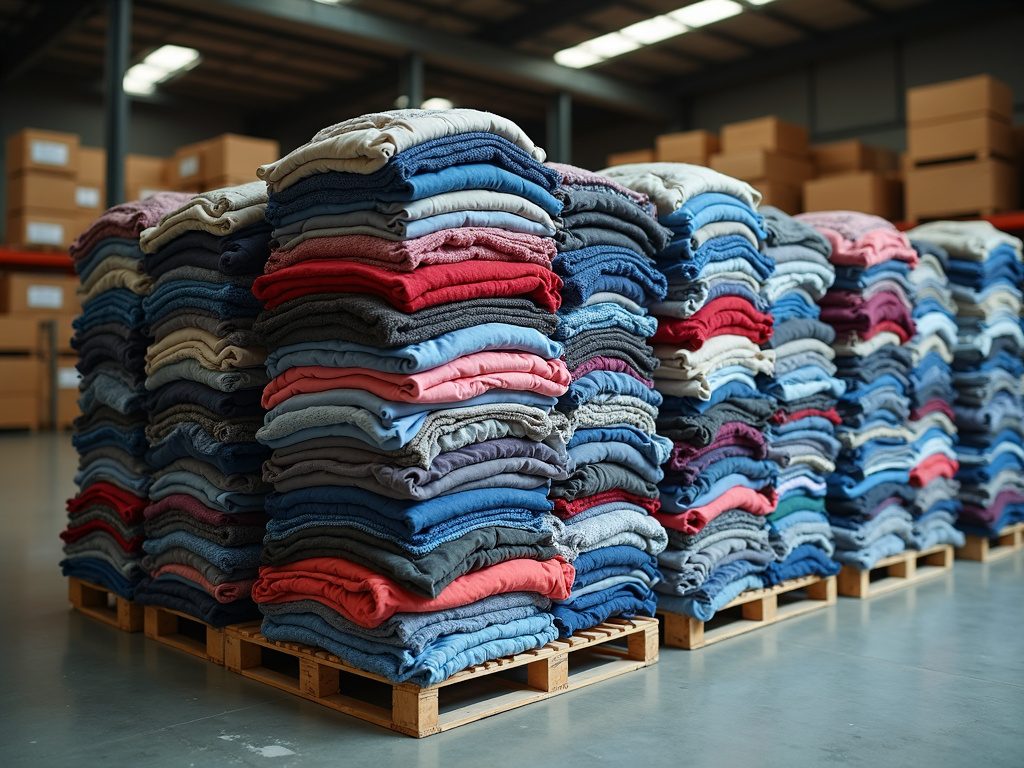 Bales of second-hand clothing stacked and ready for export
