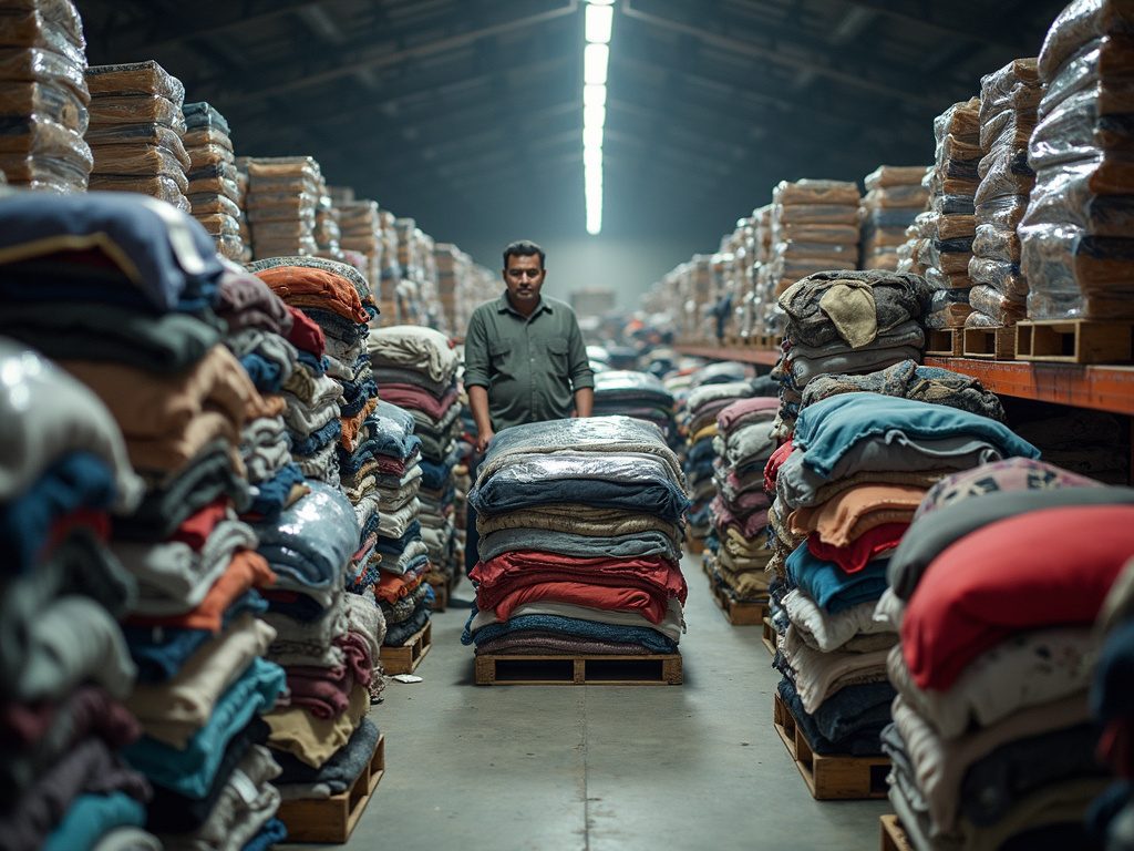 Warehouse worker among stacked second-hand clothing bales